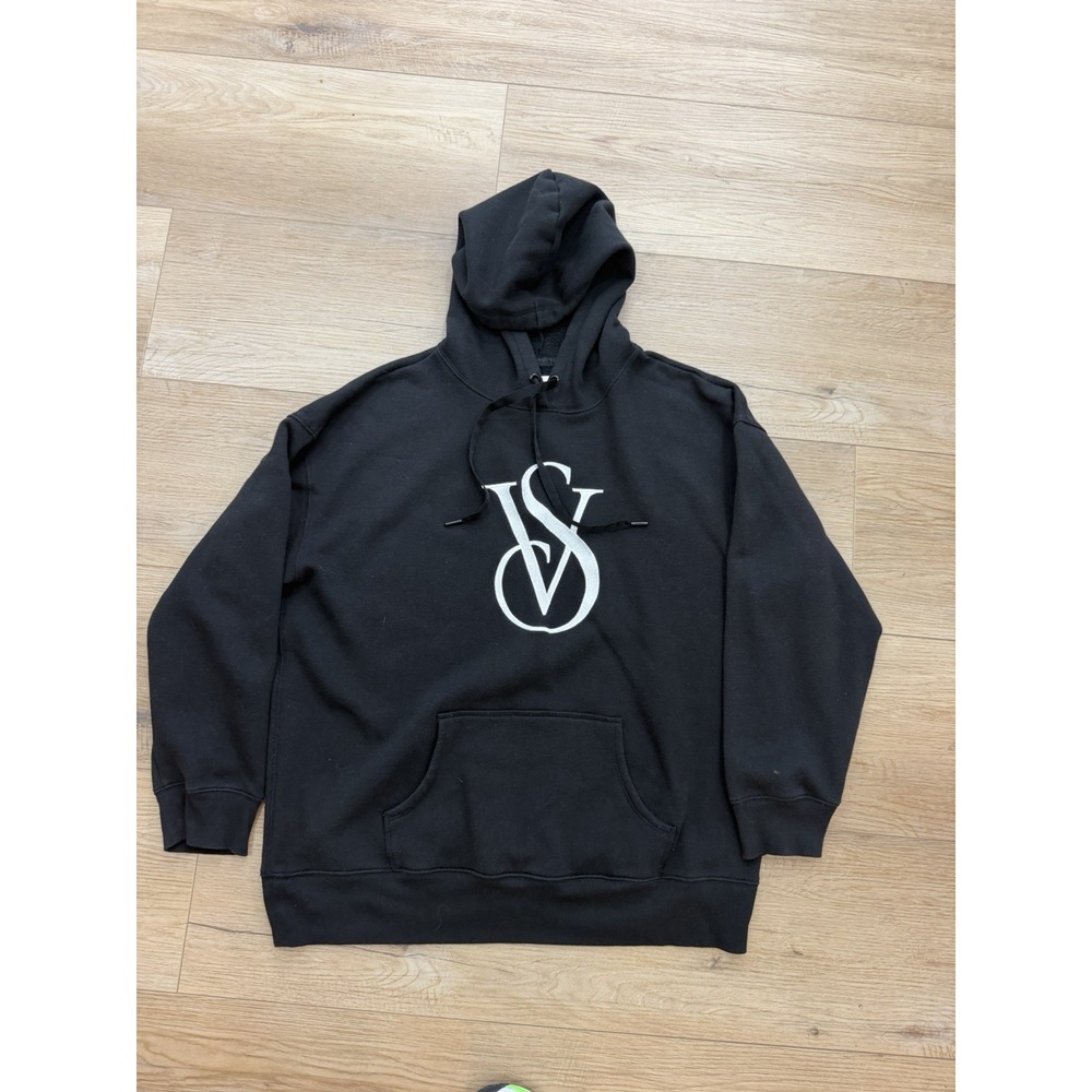 Victoria's Secret Hoodie Womens L Black Embroidered VS Logo Pullover Fleece